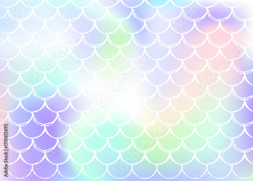Holographic mermaid background with gradient scales. Bright color transitions. Fish tail banner and invitation. Underwater and sea pattern for girlie party. Iridescent back with holographic mermaid.
