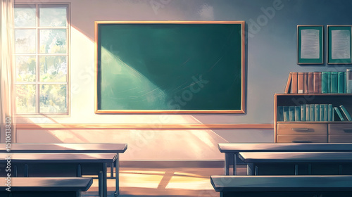 Peaceful anime school classroom interior scene with blackboard and sunlight for education and learning