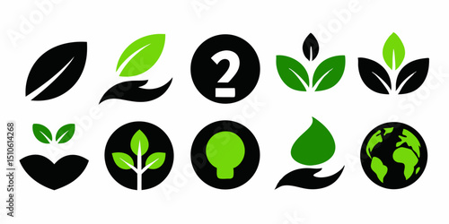 Eco friendly global icon set featuring green leaves and a globe