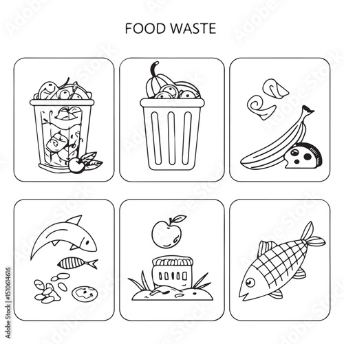 Doodle-style icon set showing organic waste like leftovers, fruit peels, and spoiled food for eco-friendly designs