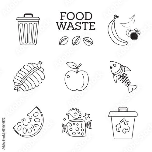 Doodle-style icon set showing organic waste like leftovers, fruit peels, and spoiled food for eco-friendly designs