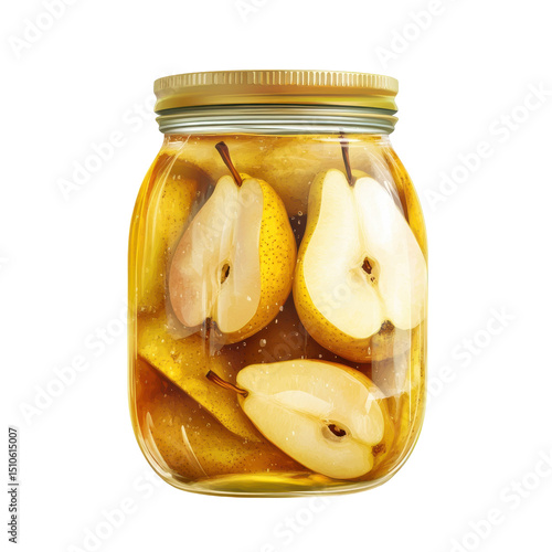 Jar of Preserved Pears in Syrup, Showcasing Fresh Yellow Fruit and Sweet Liquid in a Clear Glass Container on transparent background