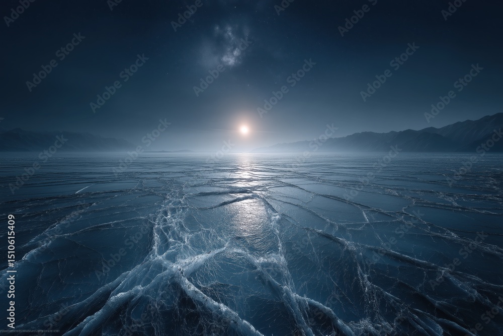 Fototapeta premium Europa’s Cracked Ice Surface Under Glowing Light, Jupiter Hangs in Sky