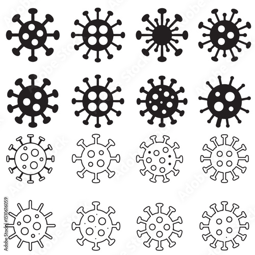 Black Virus Icons Set on White Background, Black Virus Icons with Different Expressions, Virus Icons Line Art Set for Medical Designs