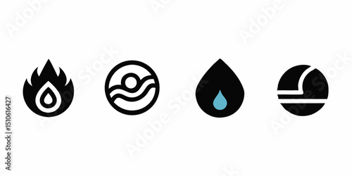 Four element icon logo design featuring line style symbols for branding applications