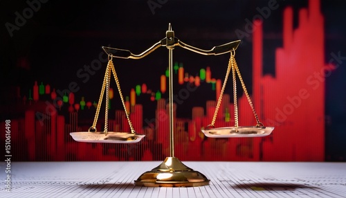 a golden balance scale stands in front of a red and black financial graph symbolizing justice and economic trends