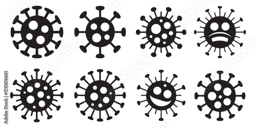 Black Virus Icons Set on White Background, Black Virus Icons with Different Expressions, Virus Icons Line Art Set for Medical Designs