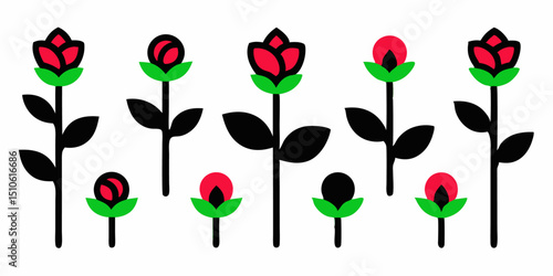 Floral design featuring roses buds and leaves in red pink and green hues