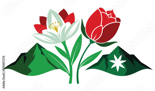 Stylized tulips and mountains with edelweiss flower