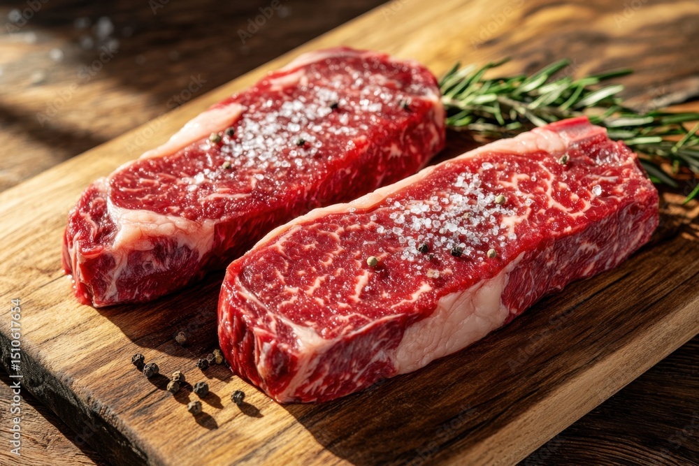 Two raw strip steaks seasoned with salt and pepper Two raw strip steaks seasoned with salt and pepper