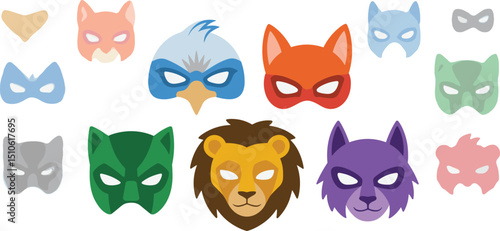 Colorful animal and superhero masks collection with lion, fox, eagle, cat, wolf designs isolated on white background flat vector illustration