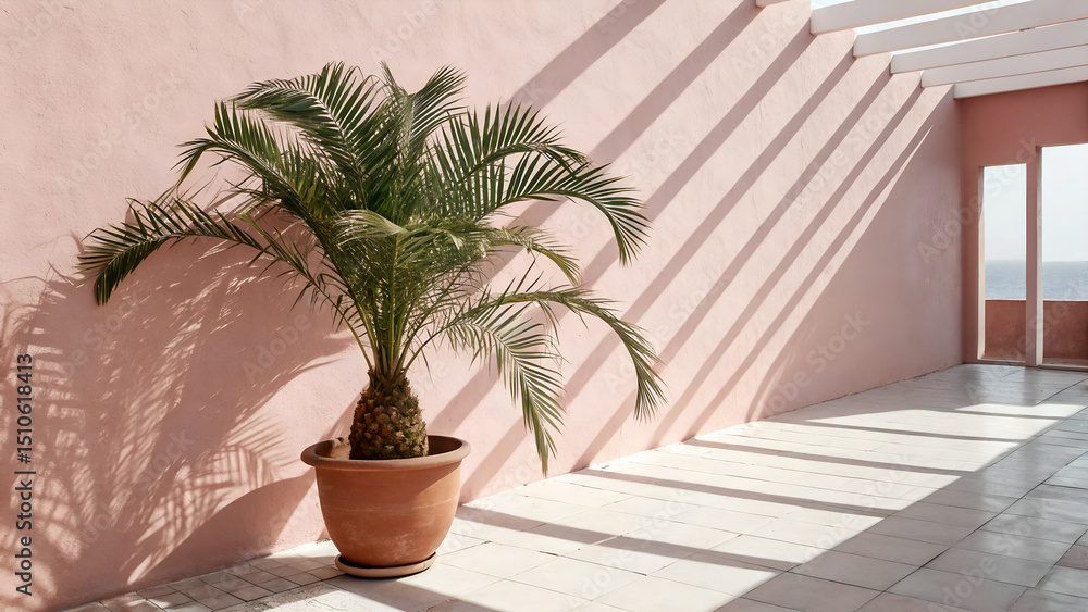 Fototapeta premium Tropical Palm in Modern Pink Terrace Setting