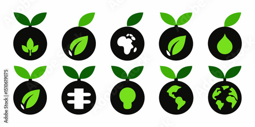 Eco friendly global icon set featuring green leaves and a globe for environmental themes
