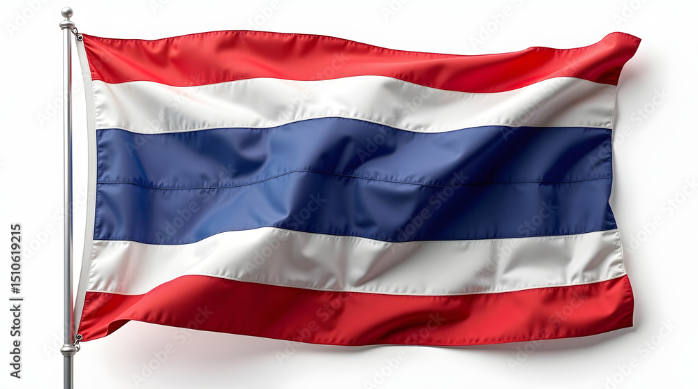 Naklejka premium Photorealistic image of a Thailand flag isolated on a clean white background, natural lighting, soft shadows, studio shot, high resolution, realistic textile texture, slight fabric folds