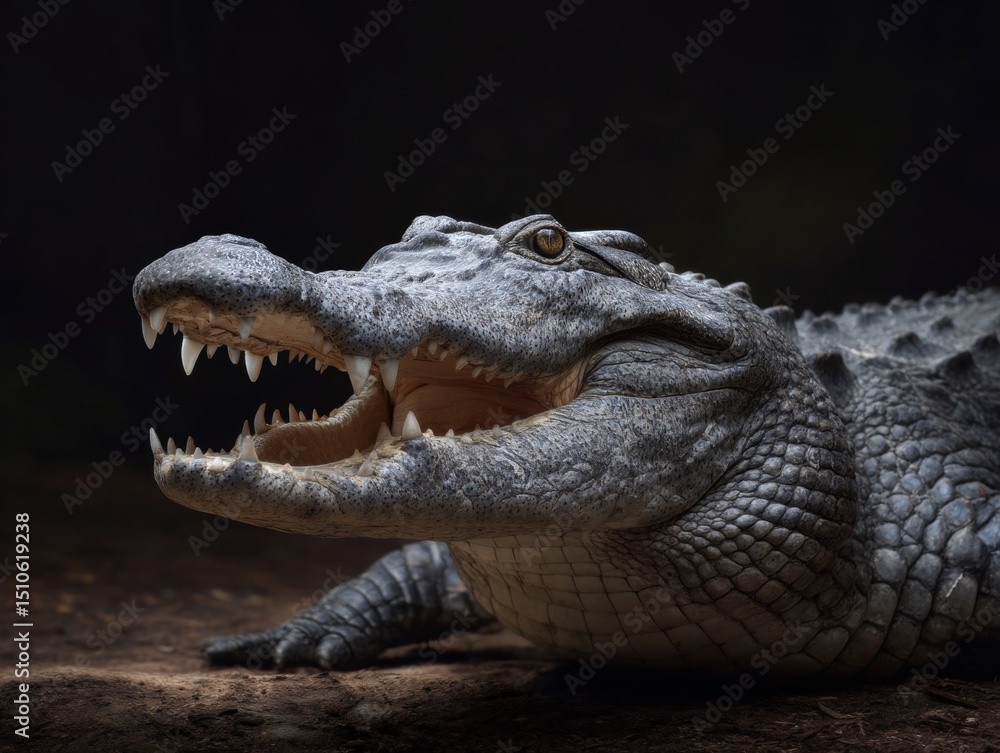 Obraz premium The mouth is open and the teeth are exposed, showing the crocodile's teeth and snout.