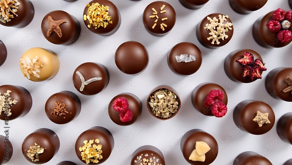 Obraz premium Artisan chocolate bonbons arranged in a geometric grid, each with unique toppings like gold leaf, sea salt, or freeze-dried raspberries, overhead lighting, clean background