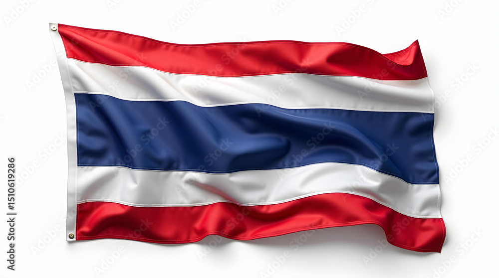 Naklejka premium Photorealistic image of a Thailand flag isolated on a clean white background, natural lighting, soft shadows, studio shot, high resolution, realistic textile texture, slight fabric folds