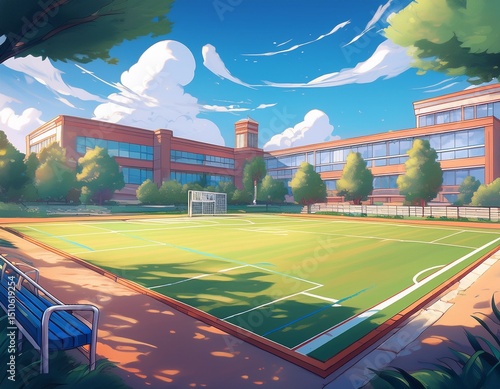 anime school campus with sports field