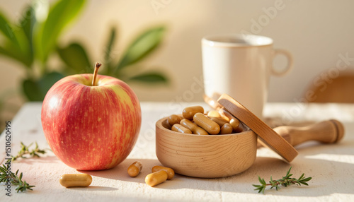 Fresh apple next to wooden bowl of vitamins and cup of tea  