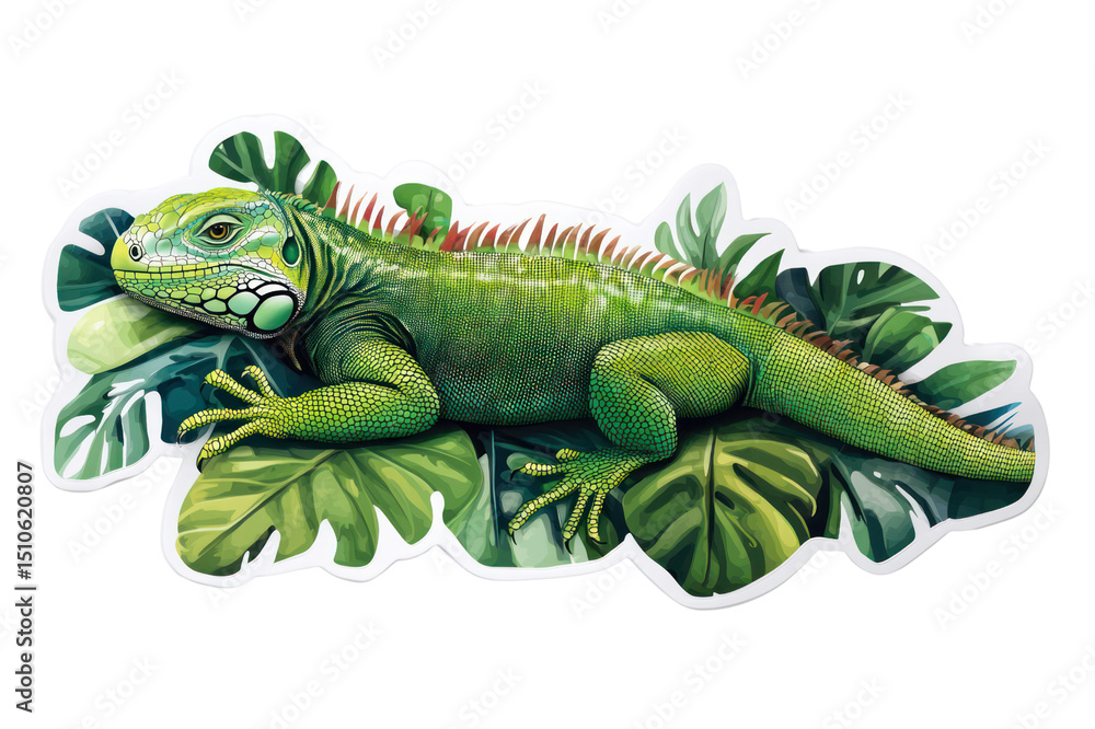 Obraz premium Colorful Green Iguana Resting on Tropical Leaves with Bright Spines and Detailed Textures in a Lush Jungle Environment