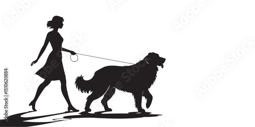 A stylish silhouette of a woman walking a large dog on a leash.