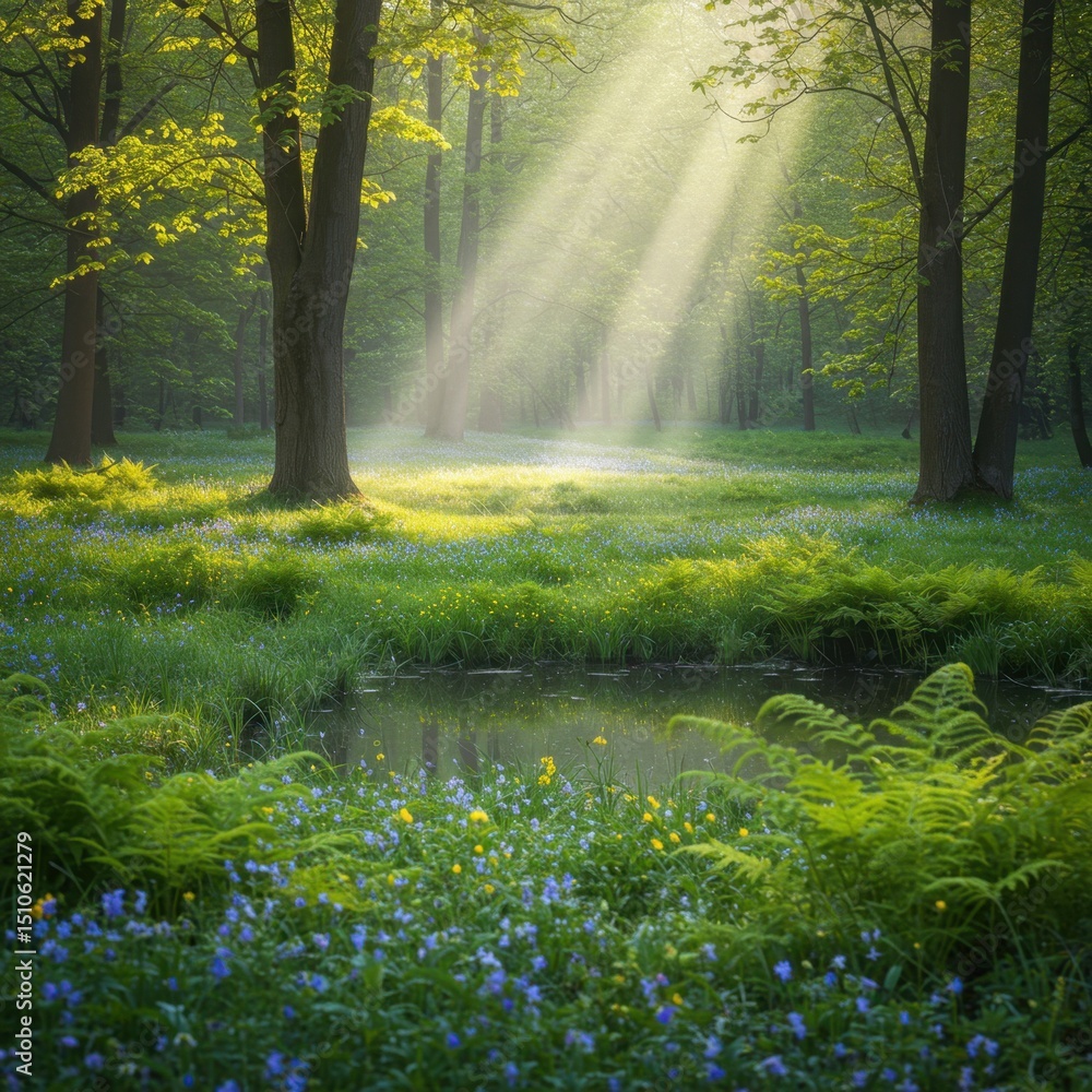 Fototapeta premium Sunlit Forest with Blue Flowers and Pond