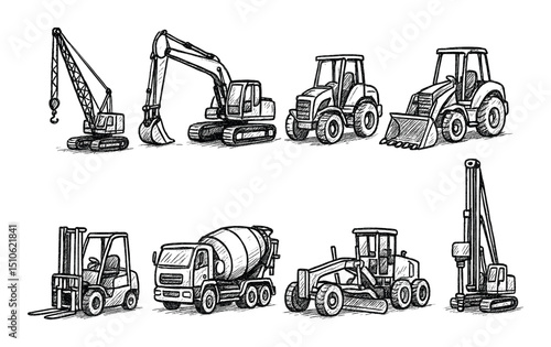 Black and white sketch illustration of various heavy construction vehicles, ideal for educational, industrial, or design-related content and visuals.