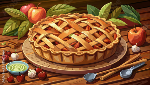 A close-up of a freshly baked apple pie with a lattice crust and a sprinkle of sugar on top, placed on a wooden table with apples and cinnamon sticks surrounding 