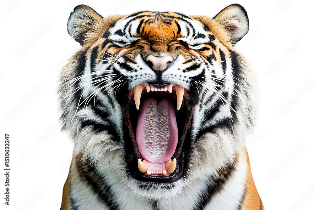 Obraz premium Yawning tiger close up portrait isolated on transparent background