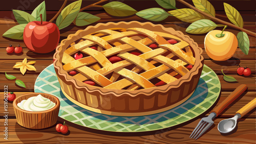 A close-up of a freshly baked apple pie with a lattice crust and a sprinkle of sugar on top, placed on a wooden table with apples and cinnamon sticks surrounding 