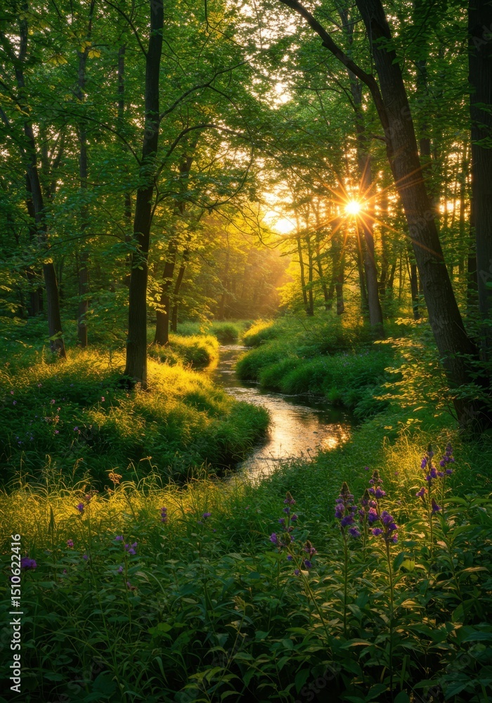 Obraz premium Sunlit Forest Stream at Sunset