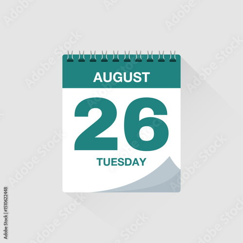 Day calendar with date August 26. Calendar icon vector. Event calendar reminder, business meeting schedule organiser, deadline template, appointment date symbol, page calendar agenda planner sign.