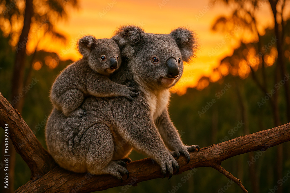Fototapeta premium Mother and Baby Koala on Eucalyptus Tree at Sunset in Australian Forest - Adorable Wildlife Moment Captured in Warm Golden Light