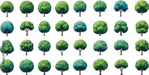 A tileable set of simple, round cartoon tree icons in varying shades of green and teal, suitable for game development or graphic design.