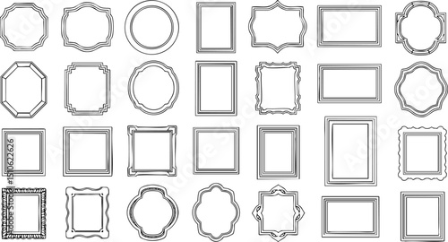 A set of thirty simple, elegant line art frames in various shapes and styles, arranged in rows on a light gray background.