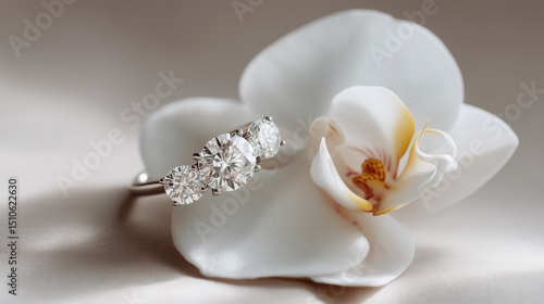 white orchid on a white background with a silver diamond ring