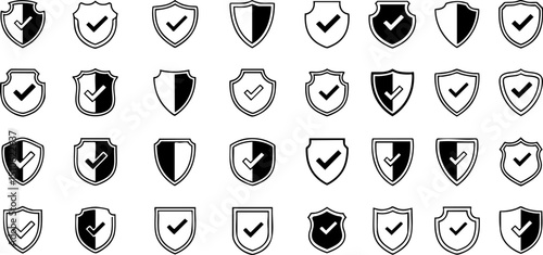A grid of simple shield icons in various shapes and designs, some with checkmarks, representing security and protection.