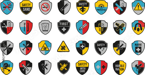 A set of thirty shield-shaped safety and warning icons with various symbols and text related to caution, protection, and emergency situations.