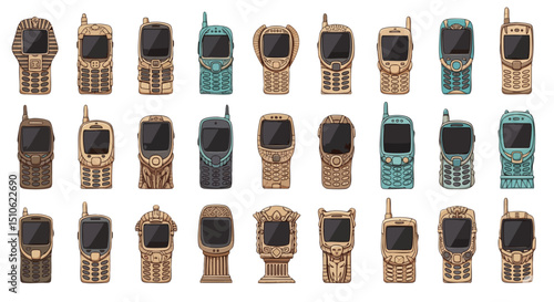 A collection of stylized, retro mobile phone illustrations with various ornate and decorative designs, some resembling ancient artifacts or tribal patterns.