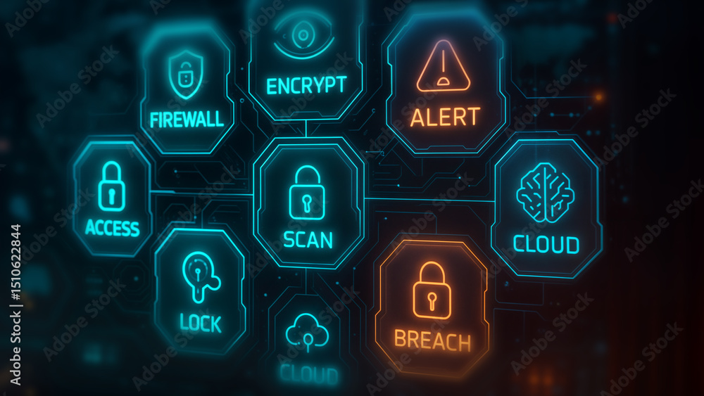 Naklejka premium Digital interface displaying cybersecurity icons including firewall, encrypt, alert, access, scan, lock, breach, and cloud in a futuristic style.