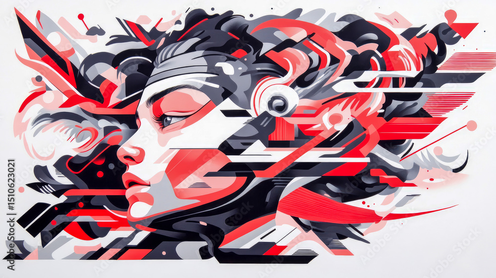 Obraz premium Abstract Portrait Artwork Featuring Woman's Profile with Geometric Shapes and Red Accents