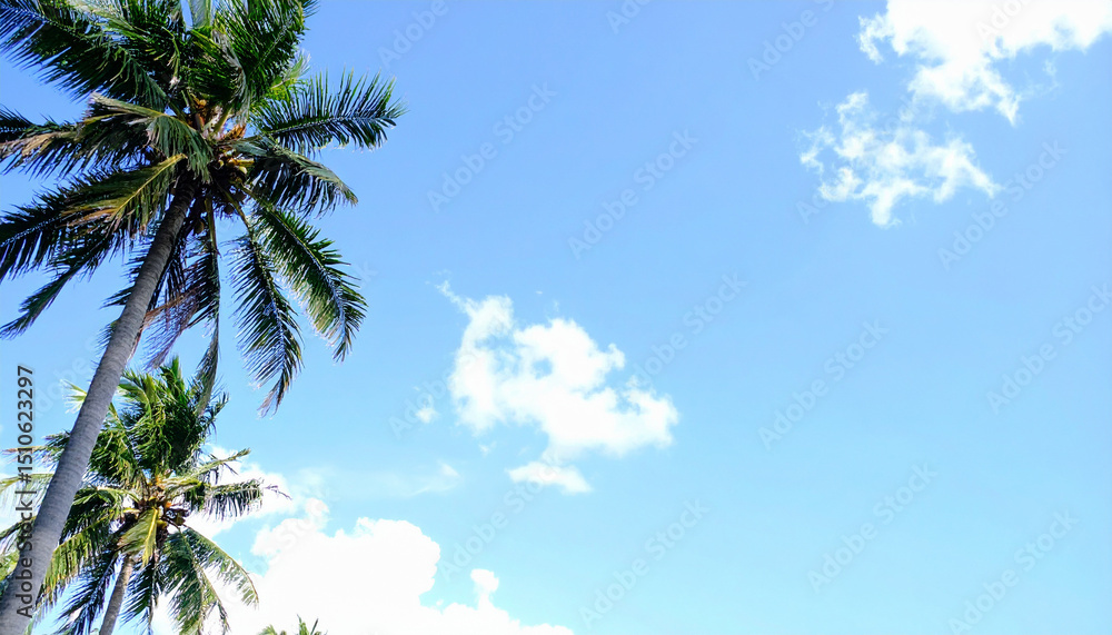 Fototapeta premium Palm tree sidebar on the tropical summer beach with blue sky and sea and white clouds abstract background. Copy space of summer vacation and business travel concept. Pastel colors style.