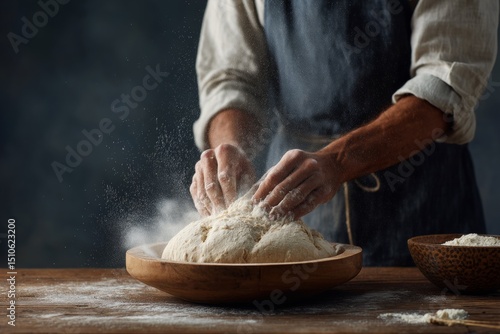 Man hand making pizza dough with flour and sourdough starter on wooden board. Artisan bakery setting.