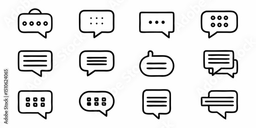 Collection of twelve line chat icons representing communication and messaging