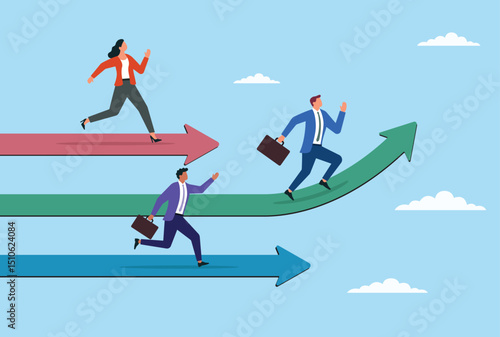 Vector illustration of business professionals competing on different growth paths represented by arrows, highlighting the competitive nature of career advancement, strategic success