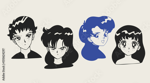 Various anime avatar set. Cute male, female characters. Asian cartoon, manga style. Different emotions, expressions. Girl, boy portrait. Hand drawn modern Vector illustration. Isolated design elements