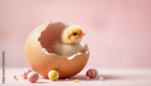 Delicate newborn chick emerging from broken egg with colorful easter eggs