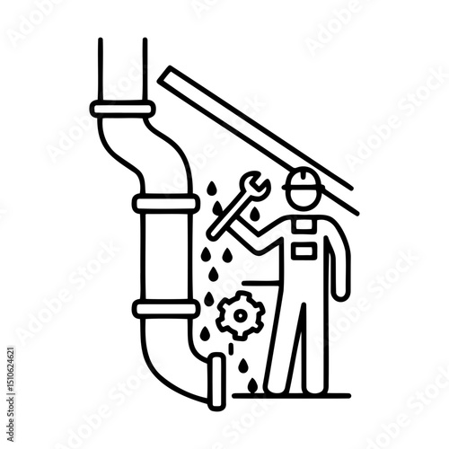 Plumber repairing drainage pipe with wrench under the roof in minimalist style