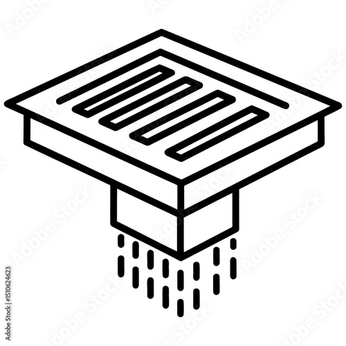 Drain grate illustration with water flow in minimalist style with black lines for concept