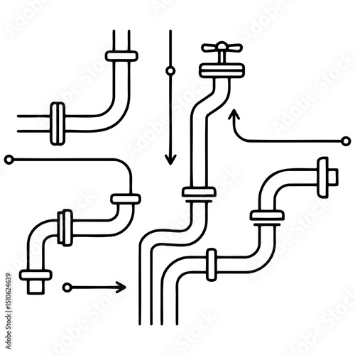 Complex plumbing system illustration with pipes and valves in minimalist style